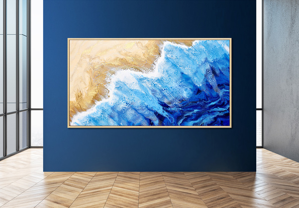 ABSTRACT painting that gives the impression of soothing ocean waves lapping in to soft sandy shore.  The intricate mosaic pattern within the tonal blue hues and the glimmering metallics adds added interest and intrigue. The golds bring the sand to life!
The closer you get to the painting the more of the interesting details and patterns you can see. Metallics add an extra depth because the painting changes personality when one views from different angles.