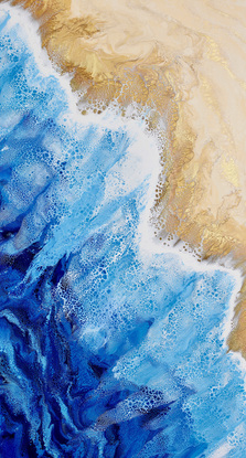 ABSTRACT painting that gives the impression of soothing ocean waves lapping in to soft sandy shore.  The intricate mosaic pattern within the tonal blue hues and the glimmering metallics adds added interest and intrigue. The golds bring the sand to life!
The closer you get to the painting the more of the interesting details and patterns you can see. Metallics add an extra depth because the painting changes personality when one views from different angles.