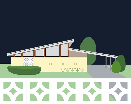 Graphic style mid century home and garden with breeze blocks