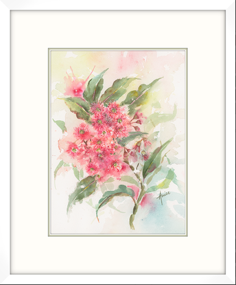 Watercolour painting of a pink red gum blossoms and leaves