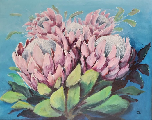 Protea boquet is a 40x50 cm acrylic painting on Gallery Wrapped Canvas. 
A beautiful boquet of pink proteas in a loose abstract style. Playful and light with line work and textures throughout combined with a soft colour pallet that is  pleasing to the eye .