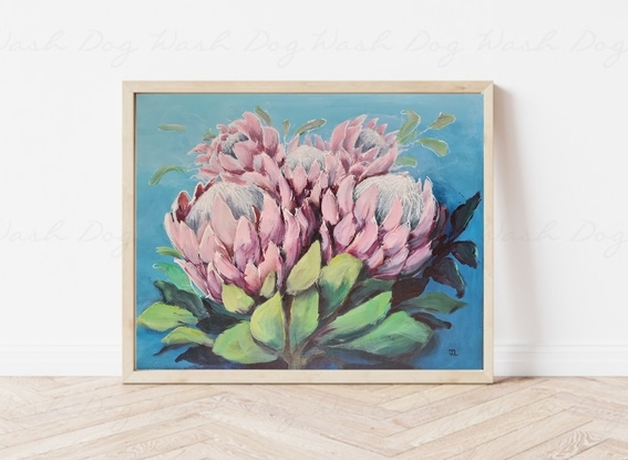 Protea boquet is a 40x50 cm acrylic painting on Gallery Wrapped Canvas. 
A beautiful boquet of pink proteas in a loose abstract style. Playful and light with line work and textures throughout combined with a soft colour pallet that is  pleasing to the eye .