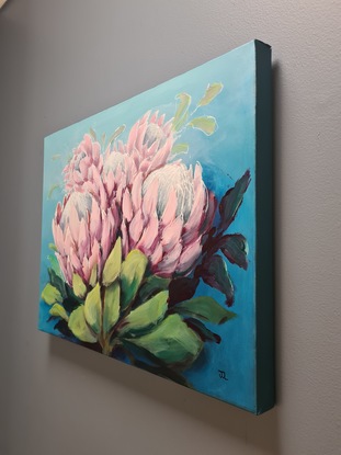 Protea boquet is a 40x50 cm acrylic painting on Gallery Wrapped Canvas. 
A beautiful boquet of pink proteas in a loose abstract style. Playful and light with line work and textures throughout combined with a soft colour pallet that is  pleasing to the eye .