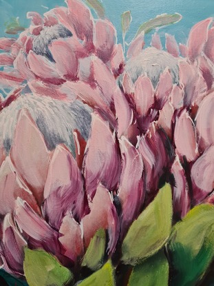 Protea boquet is a 40x50 cm acrylic painting on Gallery Wrapped Canvas. 
A beautiful boquet of pink proteas in a loose abstract style. Playful and light with line work and textures throughout combined with a soft colour pallet that is  pleasing to the eye .