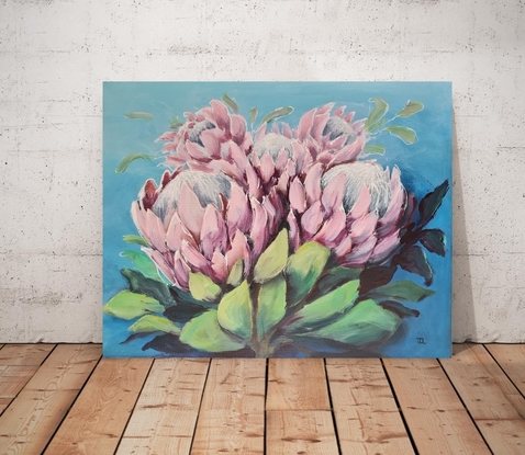 Protea boquet is a 40x50 cm acrylic painting on Gallery Wrapped Canvas. 
A beautiful boquet of pink proteas in a loose abstract style. Playful and light with line work and textures throughout combined with a soft colour pallet that is  pleasing to the eye .