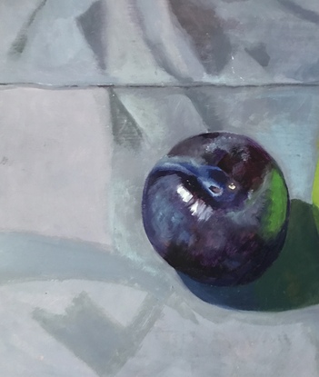 Plum & green pot on purple-blue cloth