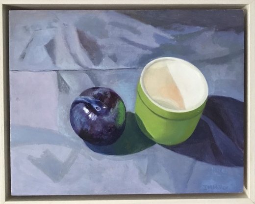 Plum & green pot on purple-blue cloth