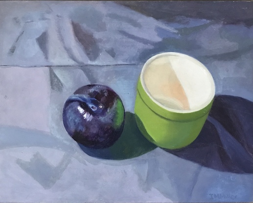 Plum & green pot on purple-blue cloth