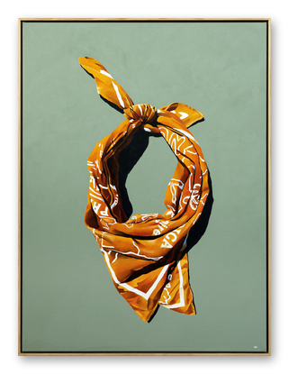 Yellow Bandana looped and tied on a sage green background