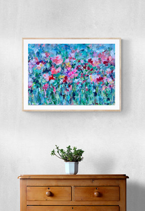 Floral abstract artwork with foliage.  Bright and colourful, modern flowers, Pink, Green, Red, Yellow