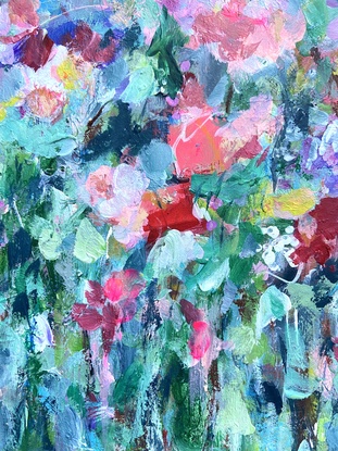 Floral abstract artwork with foliage.  Bright and colourful, modern flowers, Pink, Green, Red, Yellow