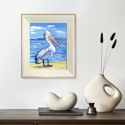 Pelican at the beach original painting by Irina Redine, framed and ready to hang one of a kind artwork in frame