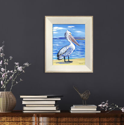 Pelican at the beach original painting by Irina Redine, framed and ready to hang one of a kind artwork in frame