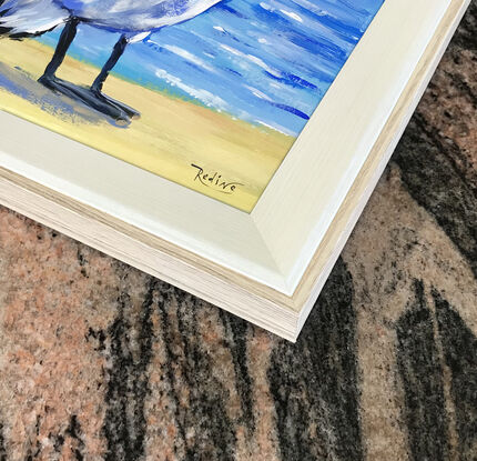 Pelican at the beach original painting by Irina Redine, framed and ready to hang one of a kind artwork in frame