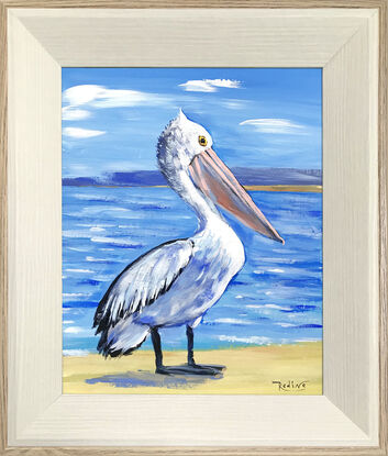 Pelican at the beach original painting by Irina Redine, framed and ready to hang one of a kind artwork in frame