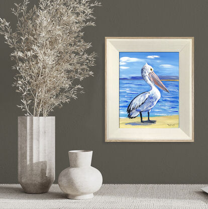 Pelican at the beach original painting by Irina Redine, framed and ready to hang one of a kind artwork in frame