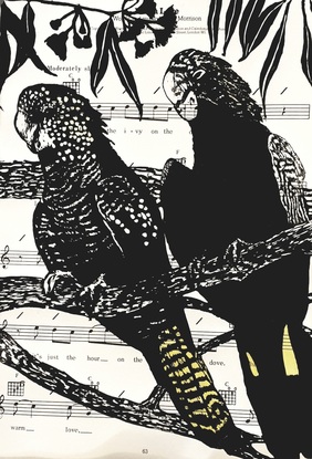 A4 Lino Cut print of a pair of Black Cockatoos airings on a brand printed on sheet music