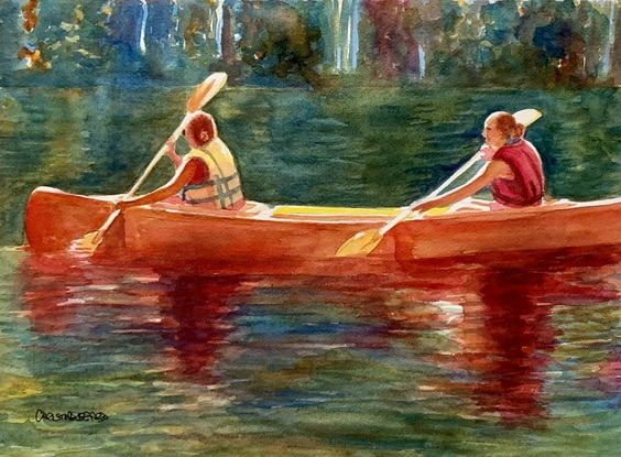 Couple canoe in the sunshine.