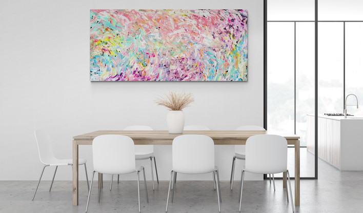 Images show the painting hanging on a wall in two different lounge rooms.