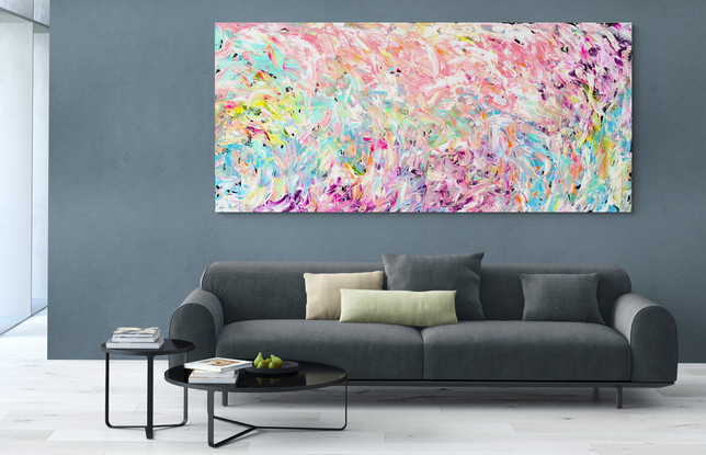 Images show the painting hanging on a wall in two different lounge rooms.