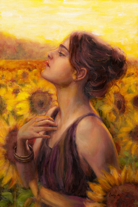 profile of a young beautiful woman in brown dress in the blooming sunflower field.