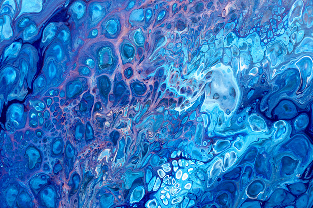 ABSTRACT painting that gives the impression of soothing ocean waves lapping in to soft sandy shore.  
The blues are bright. The sandy shore is soothing
The intricate mosaic pattern within the tonal blue hues and the glimmering adds added interest and intrigue the close one gets to the painting. Metallics add an extra depth because the painting changes personality when one views from different angles.