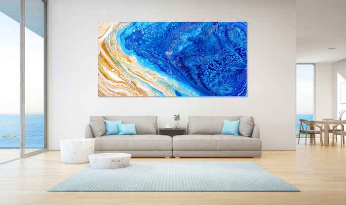 ABSTRACT painting that gives the impression of soothing ocean waves lapping in to soft sandy shore.  
The blues are bright. The sandy shore is soothing
The intricate mosaic pattern within the tonal blue hues and the glimmering adds added interest and intrigue the close one gets to the painting. Metallics add an extra depth because the painting changes personality when one views from different angles.