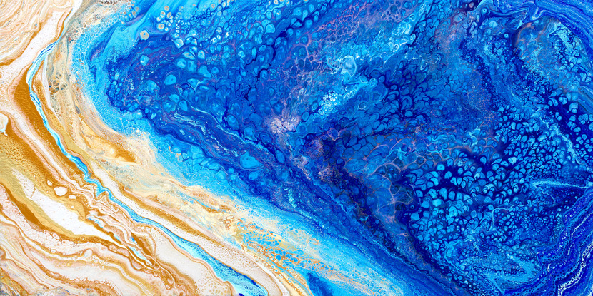 ABSTRACT painting that gives the impression of soothing ocean waves lapping in to soft sandy shore.  
The blues are bright. The sandy shore is soothing
The intricate mosaic pattern within the tonal blue hues and the glimmering adds added interest and intrigue the close one gets to the painting. Metallics add an extra depth because the painting changes personality when one views from different angles.