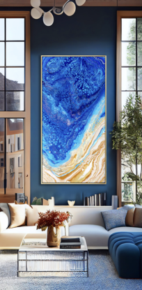 ABSTRACT painting that gives the impression of soothing ocean waves lapping in to soft sandy shore.  
The blues are bright. The sandy shore is soothing
The intricate mosaic pattern within the tonal blue hues and the glimmering adds added interest and intrigue the close one gets to the painting. Metallics add an extra depth because the painting changes personality when one views from different angles.