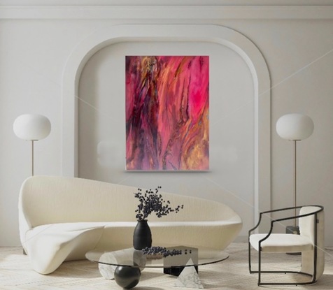 Large textured acrylic aerial painting in shades of maroon magenta and pinks with soft gold highlights depicting the Australian Outback at sunset.