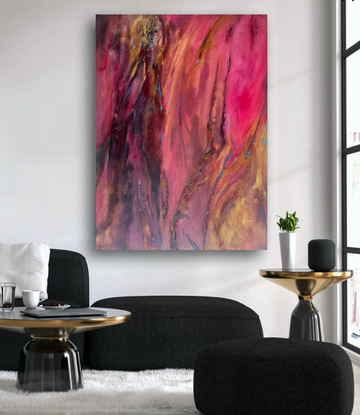 Large textured acrylic aerial painting in shades of maroon magenta and pinks with soft gold highlights depicting the Australian Outback at sunset.