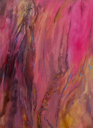 Large textured acrylic aerial painting in shades of maroon magenta and pinks with soft gold highlights depicting the Australian Outback at sunset.