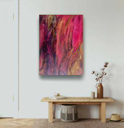 Large textured acrylic aerial painting in shades of maroon magenta and pinks with soft gold highlights depicting the Australian Outback at sunset.