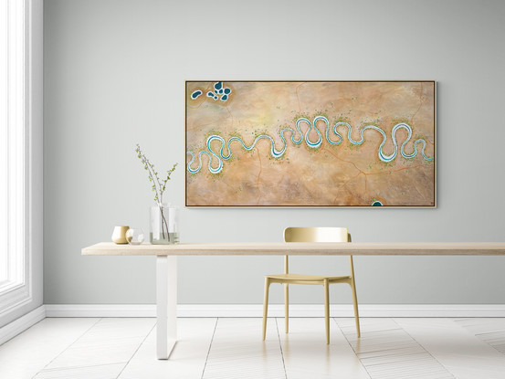 Earthy and Colourful Abstract aerial landscape in neutral tones with river running through the centre.