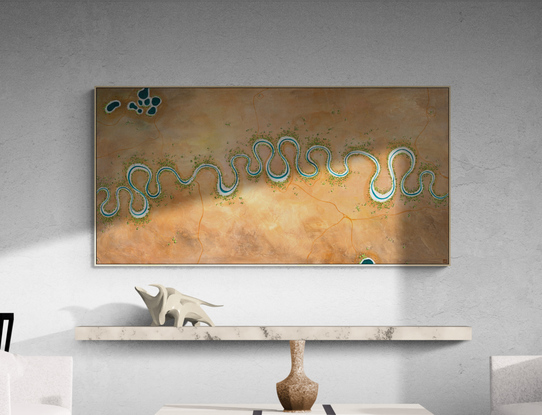 Earthy and Colourful Abstract aerial landscape in neutral tones with river running through the centre.