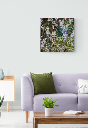 Cascades of wisteria and star jasmine flowers in full bloom clinging to a house. Only the house window is visible. The words "wisteria" and "jasmine" and the number 23 are in relief.