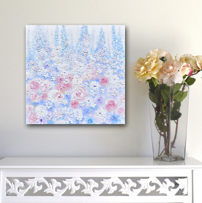 A thickly textured oil painting of delphiniums, roses and spring flowers in a garden.