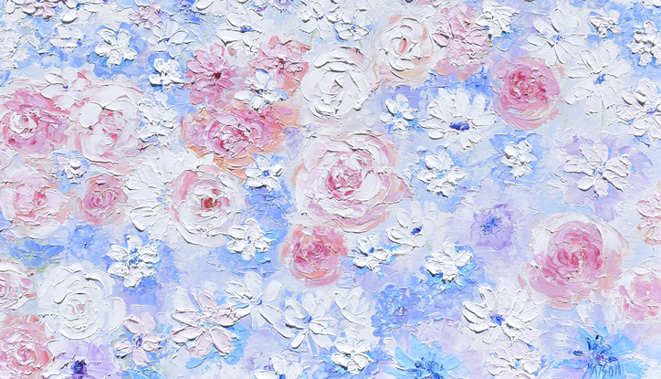 A thickly textured oil painting of delphiniums, roses and spring flowers in a garden.