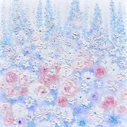 A thickly textured oil painting of delphiniums, roses and spring flowers in a garden.