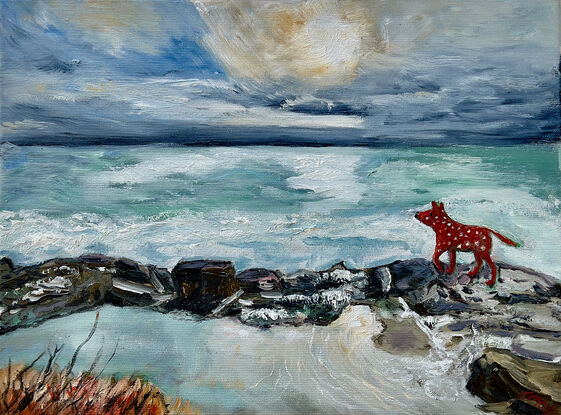 A red spotty dog enjoys  the wind as she explores the sea rocks