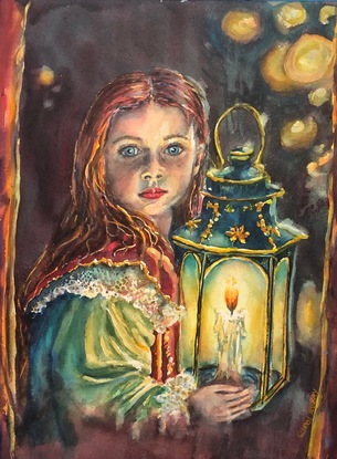 young girl holding  candle lamp
Old fashioned girl holding candle lamp
Lamp light shining on girl’s face

