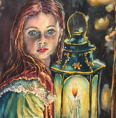 young girl holding  candle lamp
Old fashioned girl holding candle lamp
Lamp light shining on girl’s face

