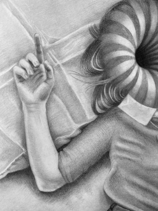 A detailed black and white drawing of a girl in a skirt and top lying on a bed from an aerial view, her face is a striped vortex being sucked away into a black hole.