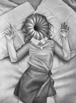 A detailed black and white drawing of a girl in a skirt and top lying on a bed from an aerial view, her face is a striped vortex being sucked away into a black hole.