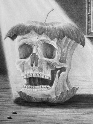 A human skull-shaped apple withers on a dining table with an antique grandfather clock in the background.