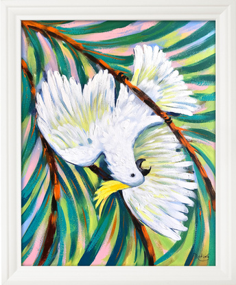 Hooligan - Sulphur-crested cockatoo on a golden cane palm, Australian birds original painting by Irina Redine. Framed and ready to hang original artwork.