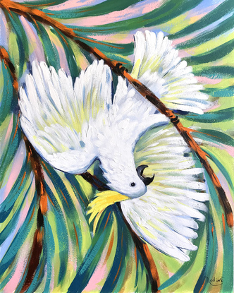 Hooligan - Sulphur-crested cockatoo on a golden cane palm, Australian birds original painting by Irina Redine. Framed and ready to hang original artwork.