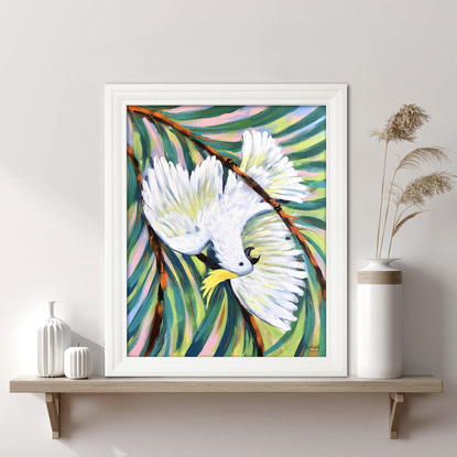 Hooligan - Sulphur-crested cockatoo on a golden cane palm, Australian birds original painting by Irina Redine. Framed and ready to hang original artwork.