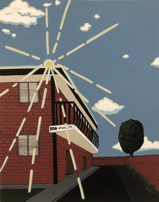 acrylic painting of brick low level apartment building with sun and sunrays peaking over the top.