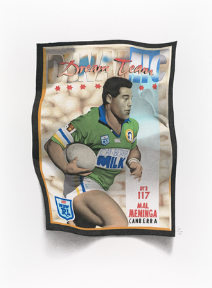 A 1990's Rugby League footy card featuring Andrew Johns with football, crushed and drawn in photorealistic style with Copic Marker